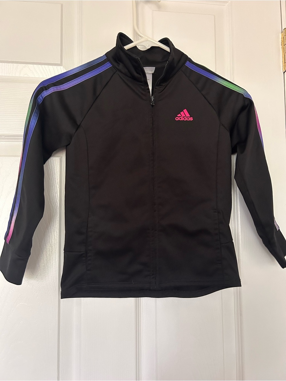 adidas Black Kids Zip-Front Rashguard with Rainbow Shoulder Stripes